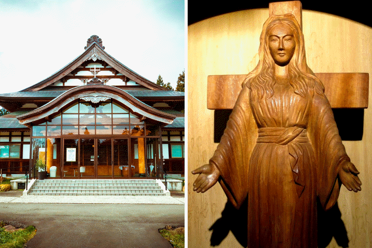 Seitai Hoshikai en Akita, Japón, lugar de las apariciones; talla de madera de Nuestra Señora de Akita. (Fuente National Catholic Register)