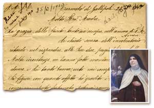 La lettera autografa di madre Maria Carmela, priora del monastero delle carmelitane scalze di Gallipoli, a madre Agnese, con il racconto del miracolo;  a destra un ritratto 
di suor Maria Carmela del Cuore di Ges�